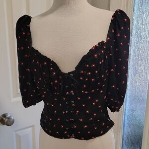 MAJORELLE Black and Red Floral Lace-Up Blouse